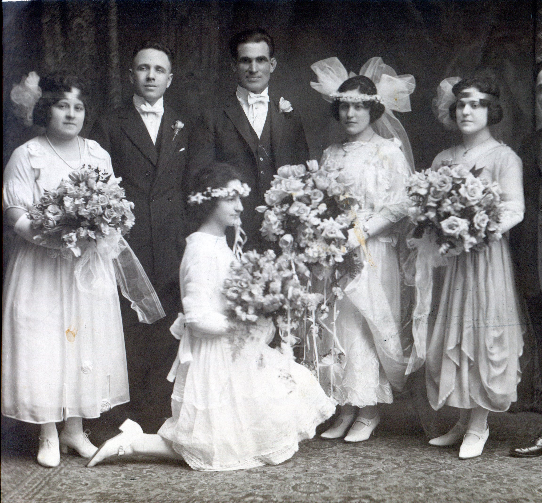 1920 Wedding party of bride, groom, and 2 bridesmaids