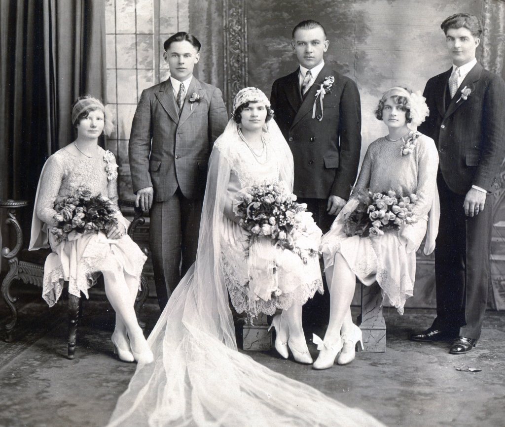 1925 Wedding Party of Bride and Groom and two Bridesmaids and two Groomsmen.