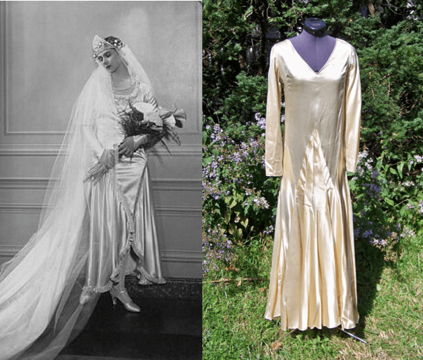 A photo of a 1920s bride on the left in a dress similar to the actual 1920s vintage cream satin wedding dress on the right